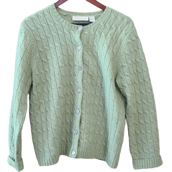 Appleseed's Sweaters - Appleseeds Mint Green Cable Knit Wool Librarian Cardigan Sweater ButtonDown Sz L